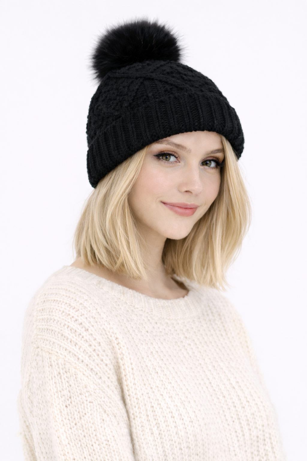 Visor Beanie with Rabbit Fur Pom