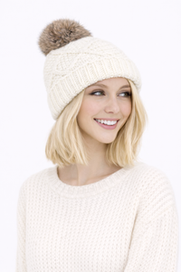 Visor Beanie with Rabbit Fur Pom
