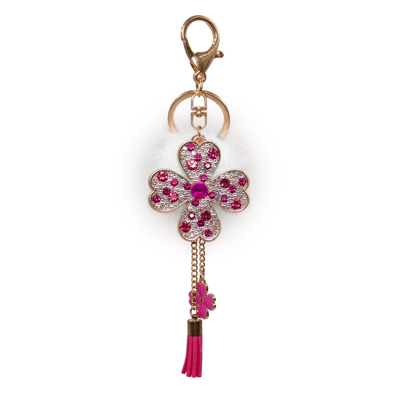 Pink Mink Bling Shamrock Keychain with White Pom 