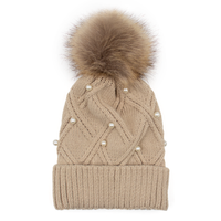 Knit Hat with Faux Fur Pom and Pearl Detail