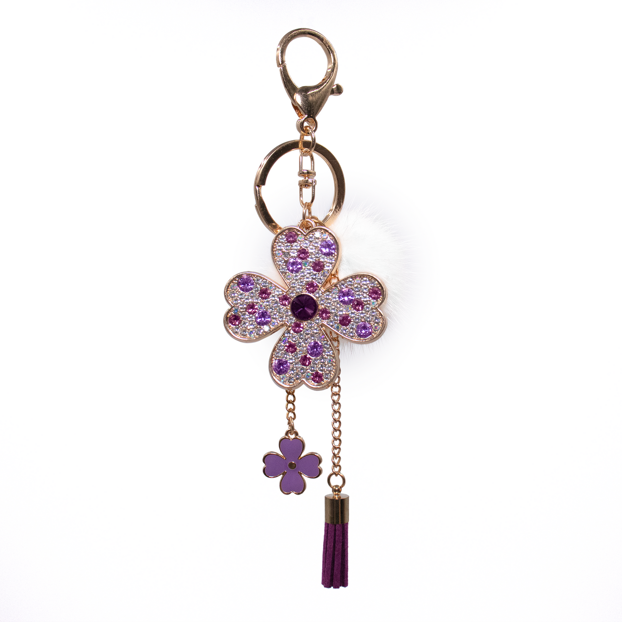 Purple Mink Bling Shamrock Keychain with White Pom 