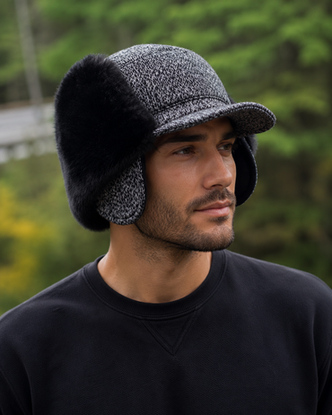 Men's Black and White Fudd Hat with Faux Fur