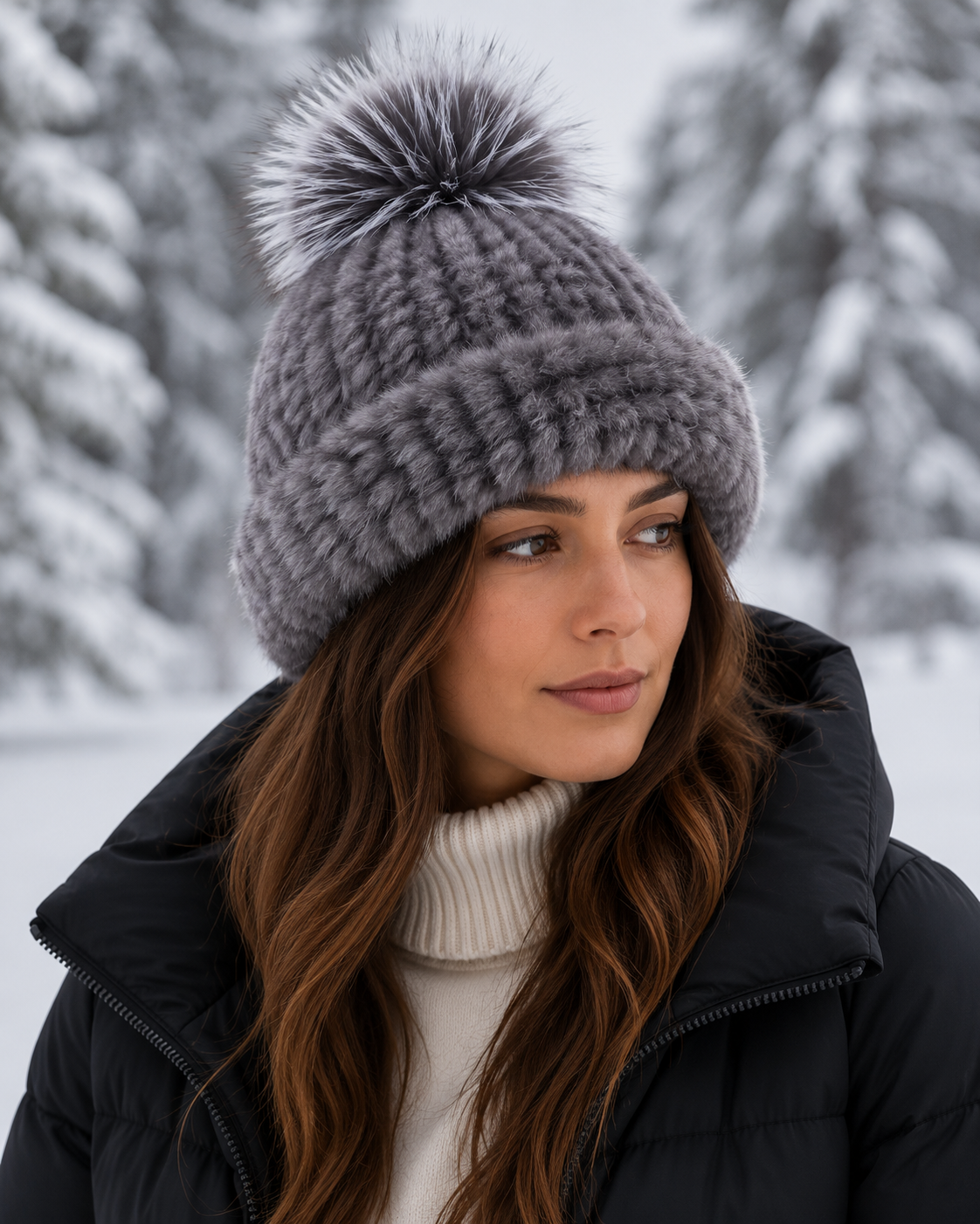Mink Fur Knit Hat with Fox Pom