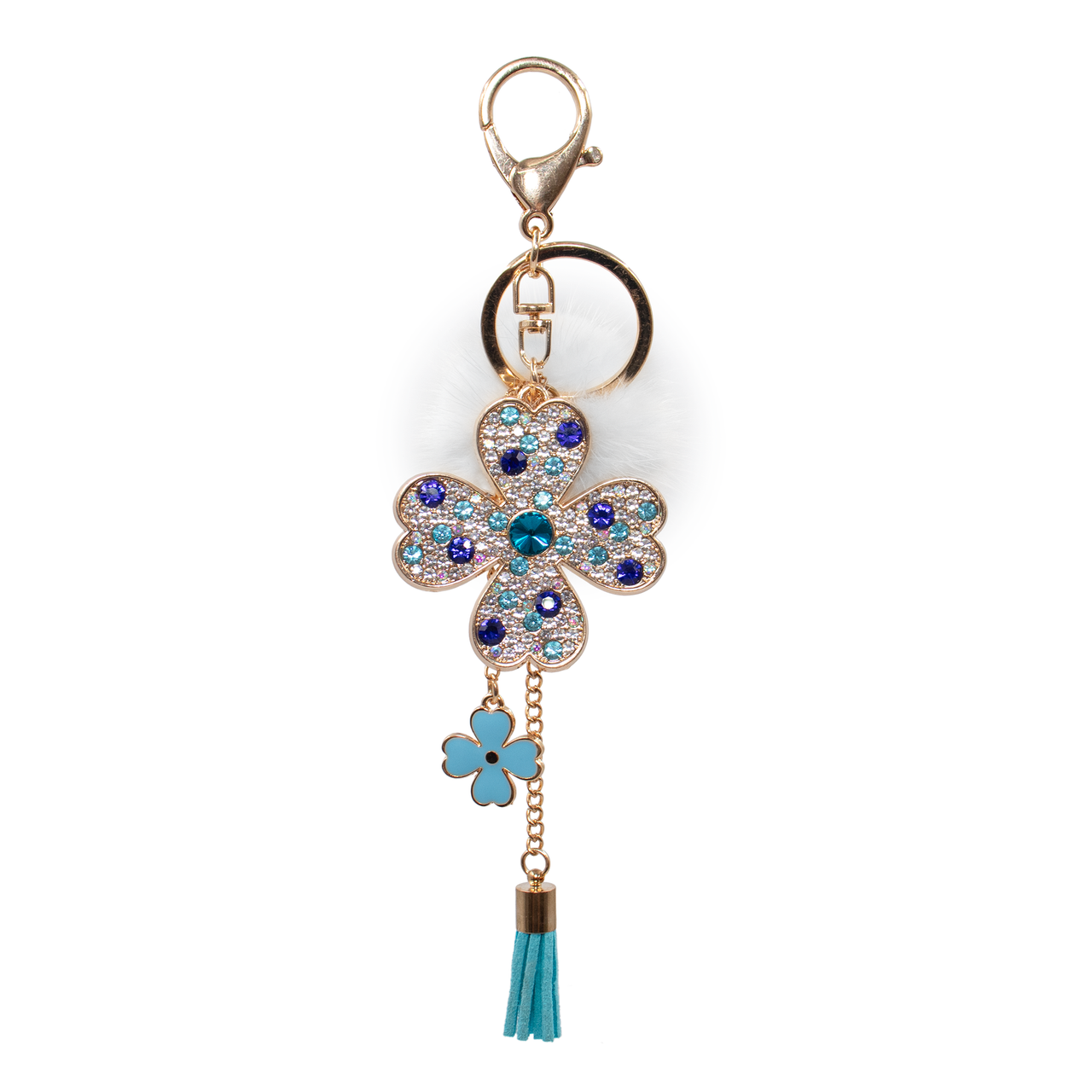 Blue Mink Bling Shamrock Keychain with White Pom 