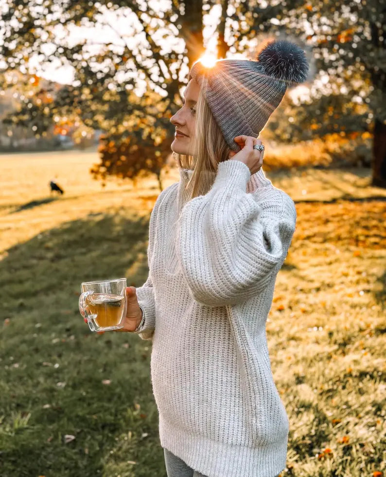 Knit Bow Beanie with Fox Pom