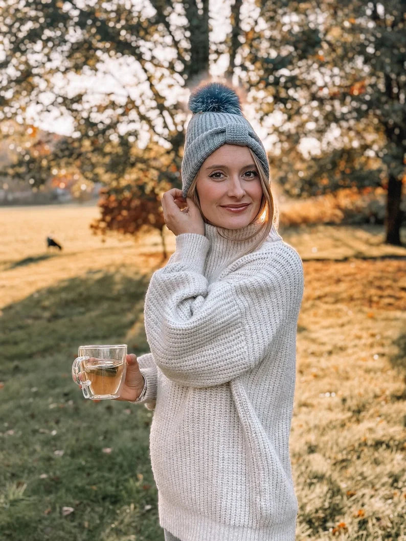 Knit Bow Beanie with Fox Pom