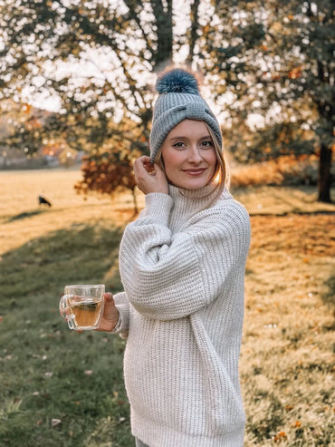 Knit Bow Beanie with Fox Pom