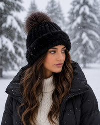 Mink Fur Knit Hat with Fox Pom