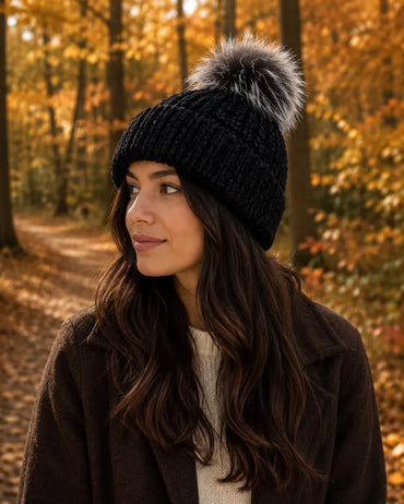 Chunky Soft Knit Hat with Fox Pom