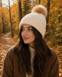 Chunky Soft Knit Hat with Fox Pom