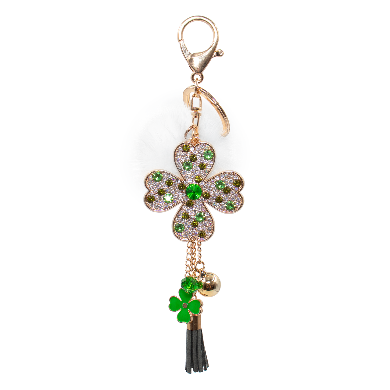 Green Mink Bling Shamrock Keychain with White Pom 