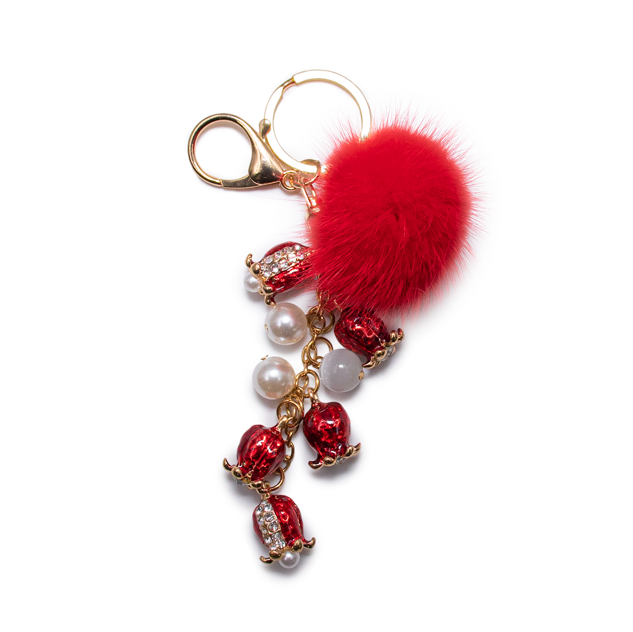 Hanging Flower Keychain with Red Mink Fur Pom