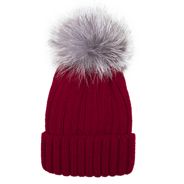 Red Knit Hat with Detachable Fox Fur Pom