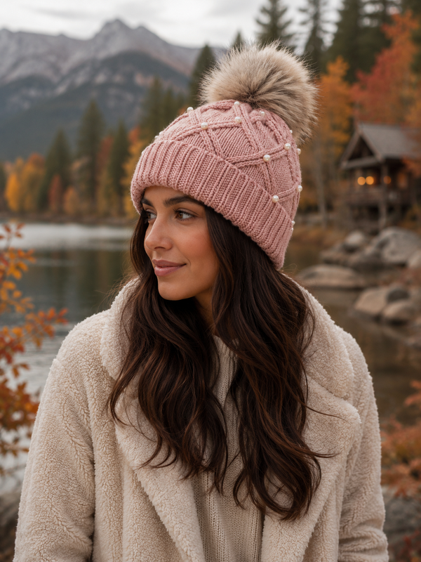 Knit Hat with Faux Fur Pom and Pearl Detail