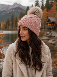 Knit Hat with Faux Fur Pom and Pearl Detail