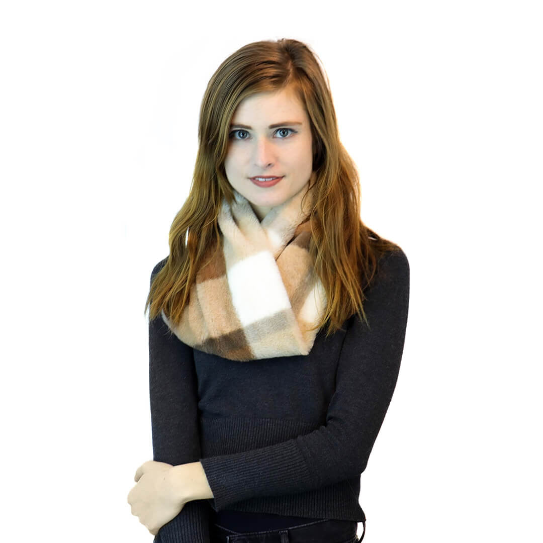 faux fur infinity scarf camel plaid