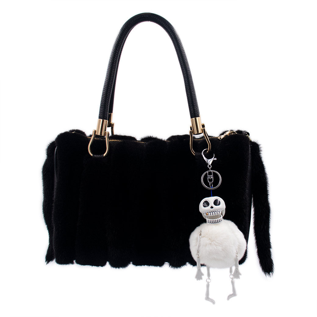 Chattering Skeleton Keychain with Rex Rabbit Fur Pom