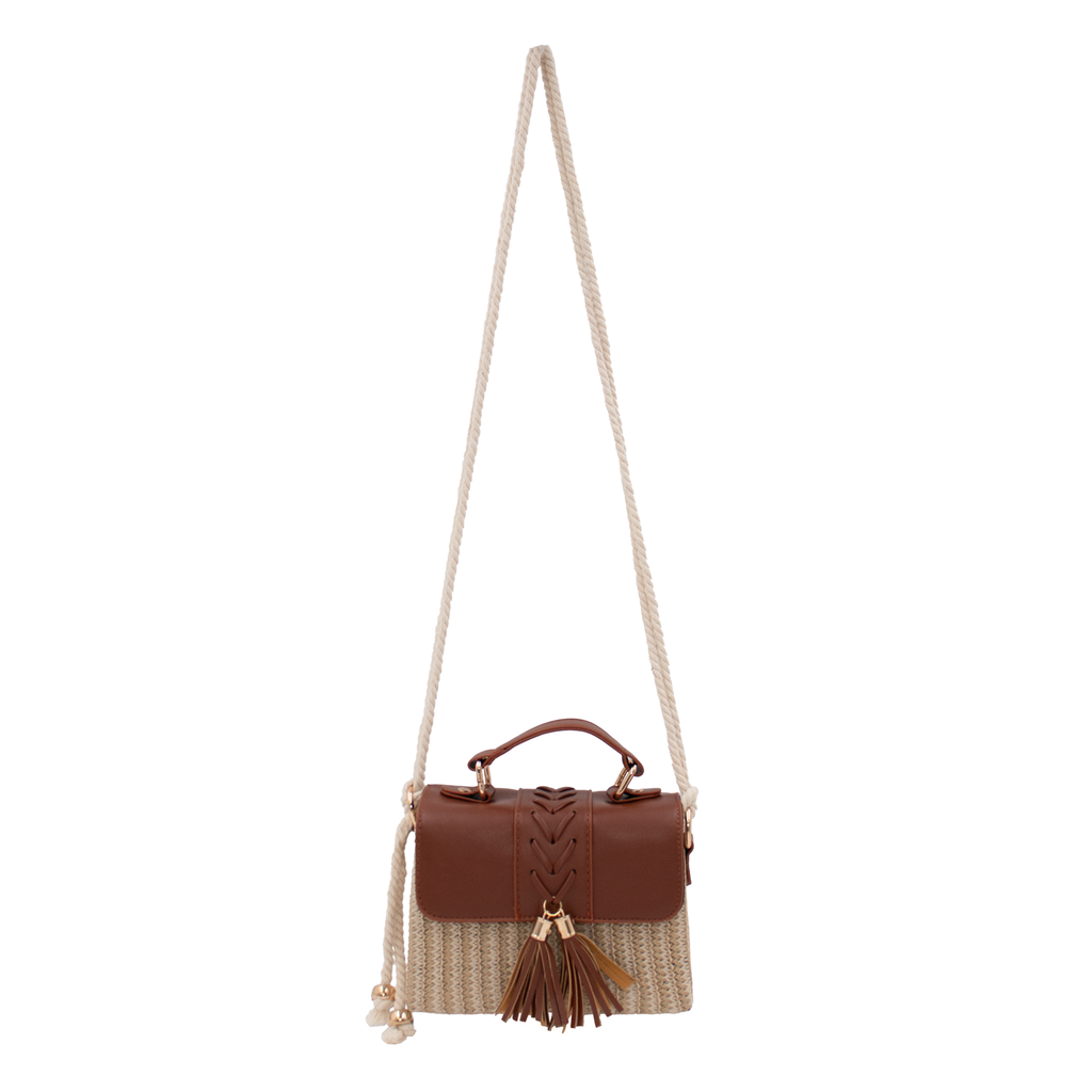 Straw Crossbody Bag with Vegan Leather Flap and Tassel