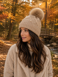 Knit Hat with Faux Fur Pom and Pearl Detail