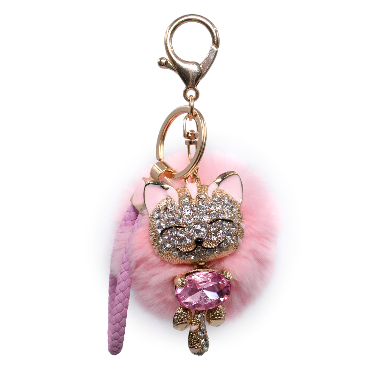 Rex Rabbit Fur Bling Cat with Diamond Keychain