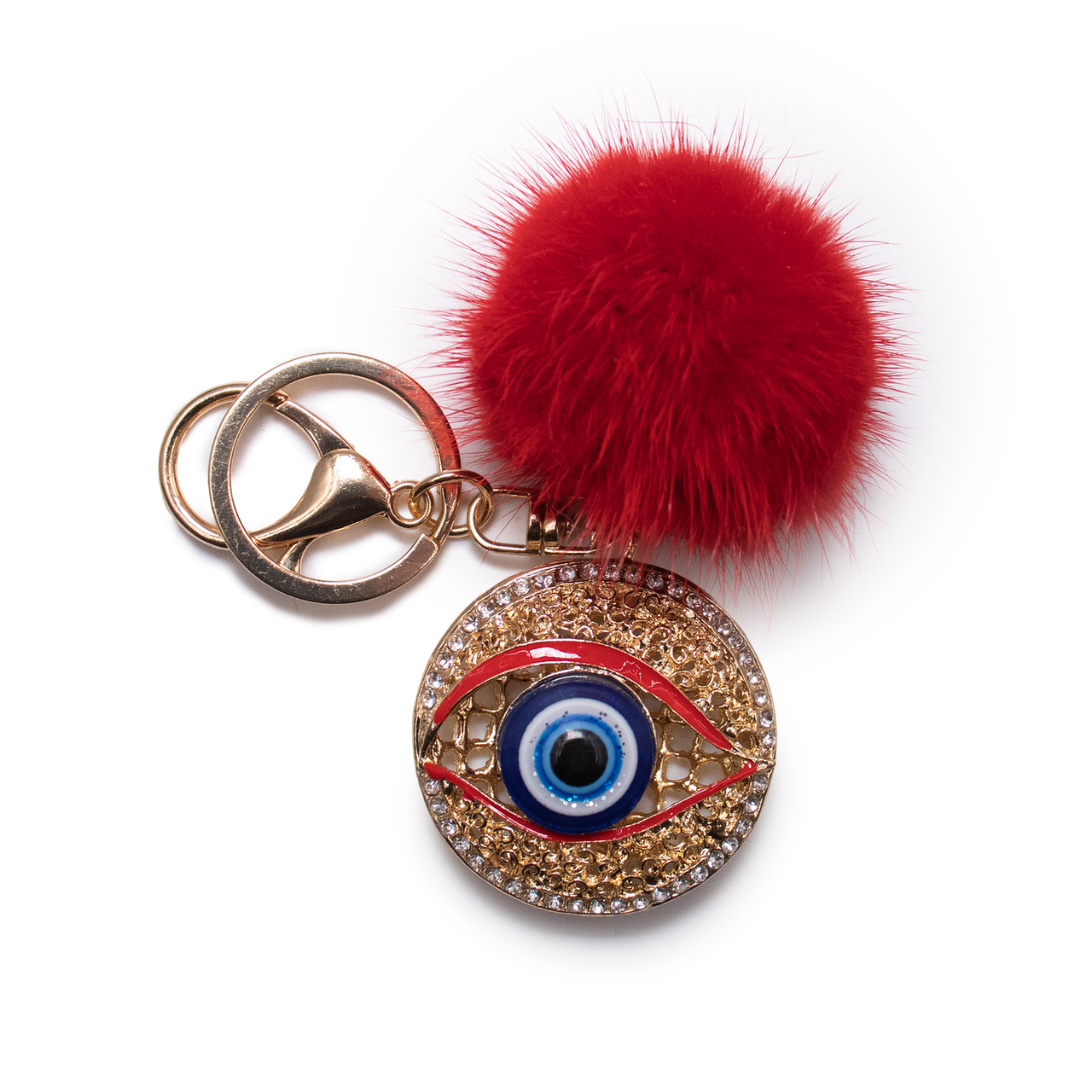 Red Nazar Eye Keychain with Red Mink Fur Pom