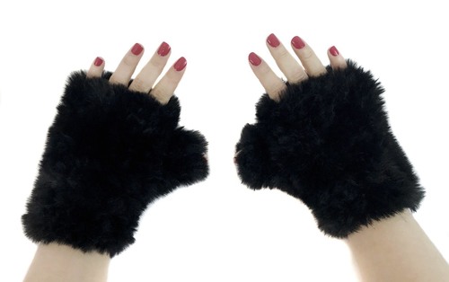 faux fur knit texting mittens in black