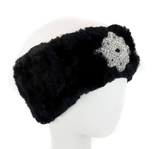 Sheared rabbit headband with jewel band in black